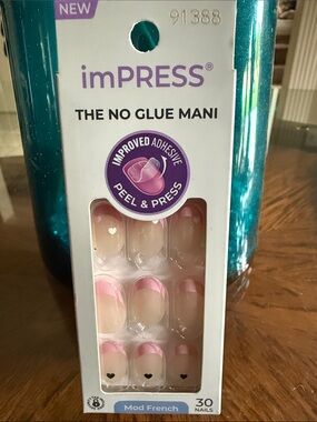 imPRESS Mod French Press-On Nails in Nude with Pink Tips and Black Hearts - New!
